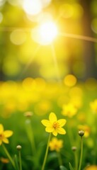 Blurred vibrant yellow sunlit bokeh, hazy spring meadow, spring, floral