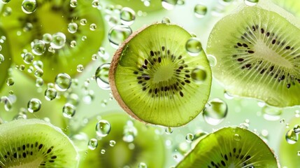 Fresh Kiwi Slices with Sparkling Water Bubbles in a Vibrant Close-Up View
