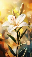A Delicate White Lily Displayed Against a Golden Bokeh Background