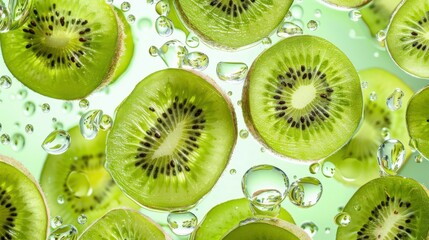 Bright Floating Kiwi Slices – Rich Green Pulp and Detailed Seeds
