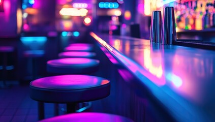 Fototapeta premium Empty Bar Stools Illuminated by Neon Lights at Night