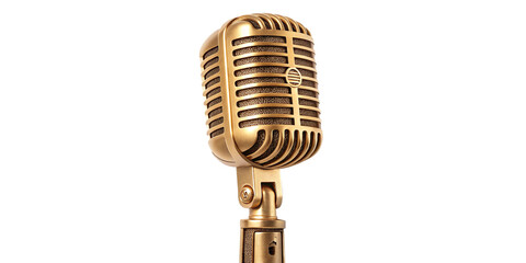 Fototapeta premium Vintage Golden Microphone Isolated on Transparent Background – Classic Retro Mic for Podcast, Music, and Broadcasting Design Luxury Vintage Golden Microphone – High-Quality Transparent Background