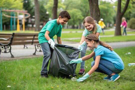 Three children are picking up trash in a park, image, photo