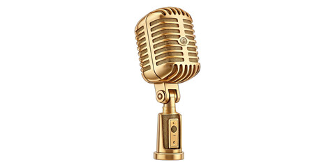 Fototapeta premium Vintage Golden Microphone Isolated on Transparent Background – Classic Retro Mic for Podcast, Music, and Broadcasting Design Luxury Vintage Golden Microphone – High-Quality Transparent Background