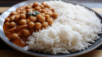 Plate of desi chana masala spicy chickpea curry served steamed basmati rice