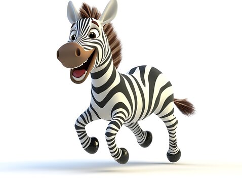 Playful cartoon zebra galloping joyfully in a bright studio environment