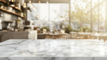 White Marble Tabletop in a Sunlit Cafe Interior