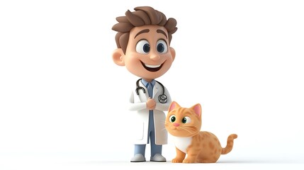 Veterinarian caring for cat veterinary clinic cartoon style whimsical