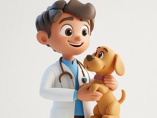 Veterinarian helping puppy animal clinic cartoon style bright setting