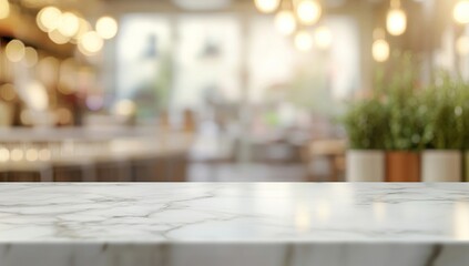 White Marble Tabletop in a Blurred Cafe Interior