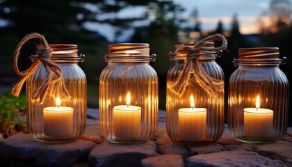 Recycled glass jar lanterns: Glass jars repurposed as lanterns with twine handles and glowing candles inside, arranged on a stone surface