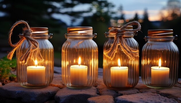 Recycled glass jar lanterns: Glass jars repurposed as lanterns with twine handles and glowing candles inside, arranged on a stone surface