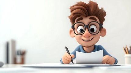 Student writing notes in a bright room cartoon style creative atmosphere