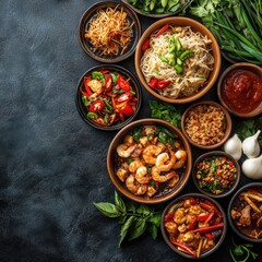 Vibrant asian cuisine showcase kitchen table food photography natural light overhead view culinary art