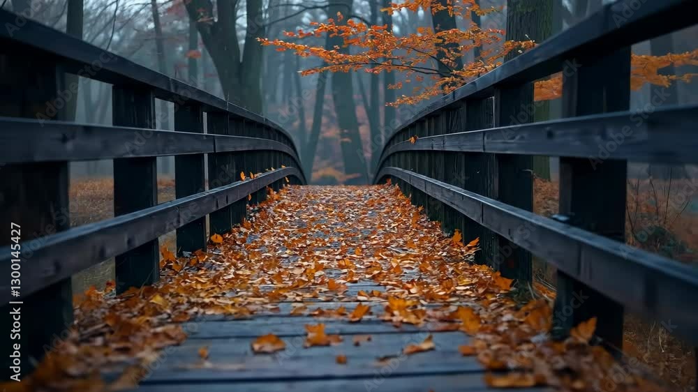 Poster bridge with a wooden railing and a path of leaves on it. the leaves are orange and the bridge is sur
