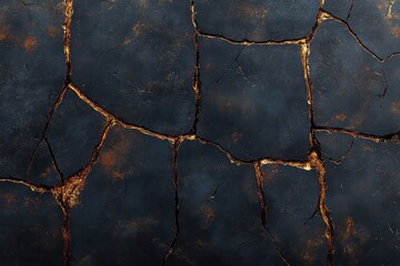 Dark cracked wall texture with golden highlights, suitable for backgrounds and design projects