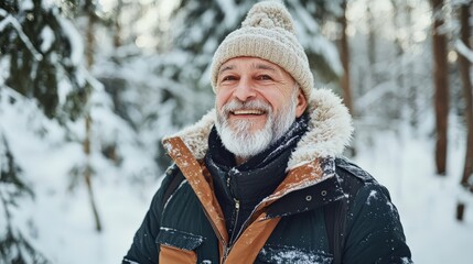 Fototapeta premium Happy Senior Man Smiling In Snowy Winter Forest