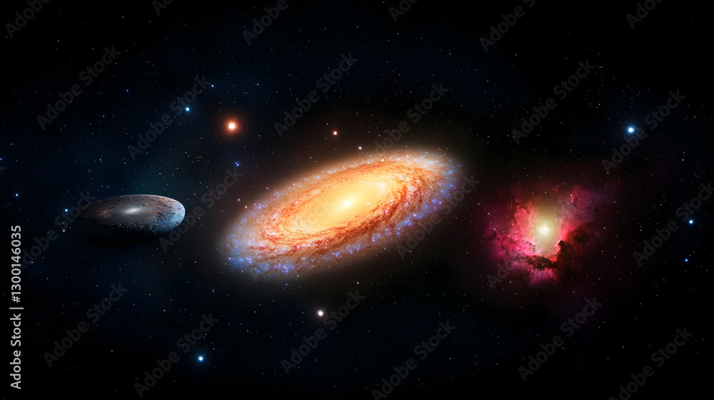 Aufkleber panoramic view of three distinct galaxies with spiral and nebulous structures in dark space with glo