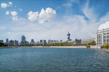 Obraz premium The urban architectural skyline, modern bridges, and Haihe River scenery of Tianjin, China on August 11, 2024