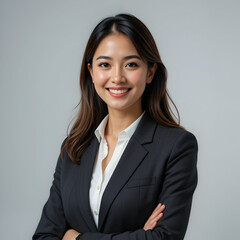 Smiling businesswoman in a suit, exuding confidence, isolated on a transparent background.
