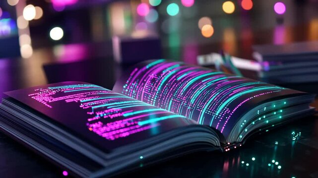 Open book with glowing virtual data streams, representing digital education, technology, and knowledge transfer in a futuristic setting