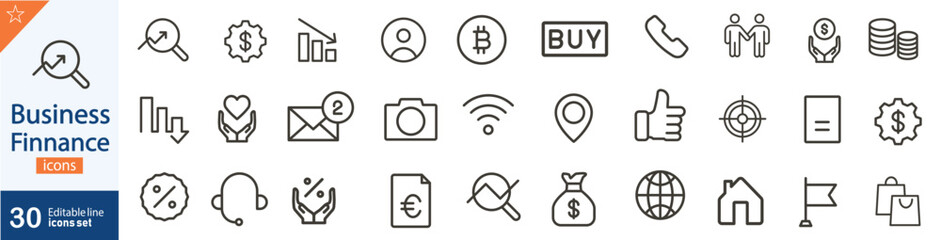 Business Line Icons Set. Set of 30 outline icons related to business, corporate, and professional activities. Vector illustration. Linear icons set. Business outline icon collection. Editable stroke.