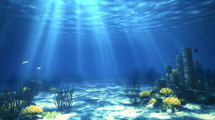 Obraz premium Underwater Scene with Sunlight Shining Through Ocean Surface and Yellow Coral