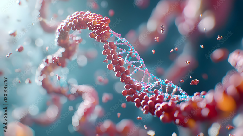 Poster detailed view of a twisted dna double helix structure with blue and red colors against blue backgrou