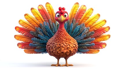 Colorful animated turkey displaying feathers cartoon style studio playful