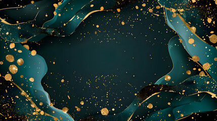 Abstract emerald green waves, outlined in gold, frame a dark background with gold flecks