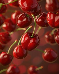 Floating Glossy Cherries – Deep Red with Green Stems and Delicate Reflections