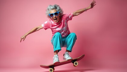 Cheerful elderly woman in sunglasses jumps on skateboard against pink background. Granny demonstrates active lifestyle, youthful spirit, modern fashion, cool hip urban style. Freedom of movement,