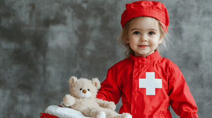 Adorable Young Girl Dressed as a Little Nurse with a Teddy Bear in a Red Outfit Against Gray Background
