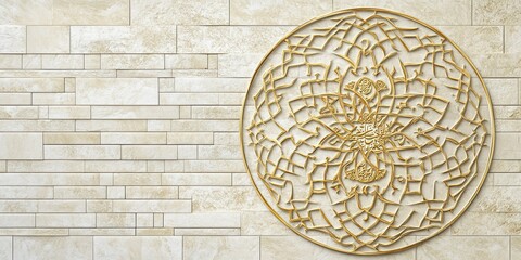 Obraz premium Beige Brick Wall with Golden Islamic Geometric Art Pattern Decoration