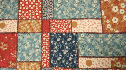Handmade patchwork quilt with floral pattern as background. Retro style handmade blanket.