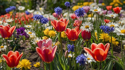 Fototapeta premium colorful tulips in the garden.A colorful tulip field with rows of red, yellow, and pink flowers under a crisp blue sky