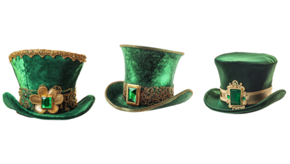 Green leprechaun hat with gold trim and emerald gems on white background.

