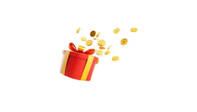 3D icon of a gift box with gold coins splashing out, white background.
