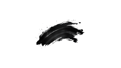 Abstract black ink brush strokes, black lines, paint splatters and smudges on white paper surface.
