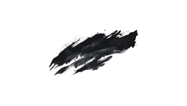 Abstract black ink brush strokes, black lines, paint splatters and smudges on white paper surface.
