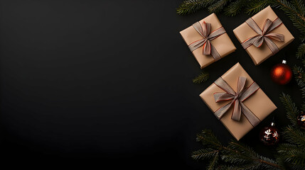 Overhead Shot Of Festive Wrapped Gifts And Christmas Decorations On Dark Background