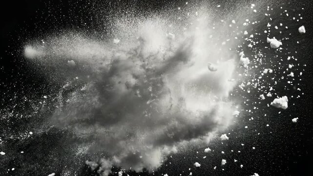 White powdery substance is flying through the air. The powder is white and he is flour