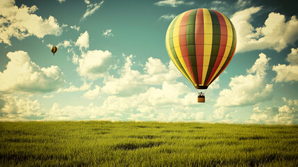 Obraz premium Hot Air Balloon Soaring Over Green Field Under Blue Sky