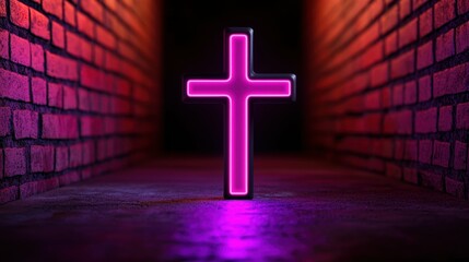 Naklejka premium Radiant Pink Cross in Brick Tunnel Faith Hope and Light Symbolizing Spiritual Awakening and Guidance