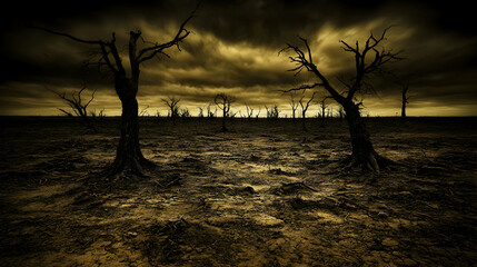Dark Barren Landscape With Dead Trees Under Gloomy Sky