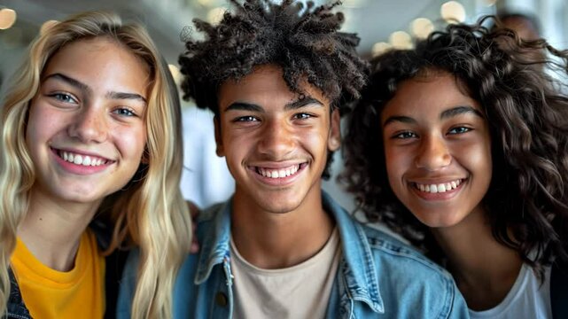 men and women smiling together, teenager friend different races, diversity and people unity concept	
