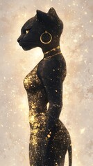 Fototapeta premium Female panther in gold mini dress, hoop earrings, blush background