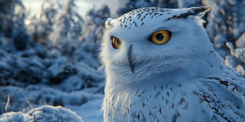 Snowy owl staring in winter wonderland