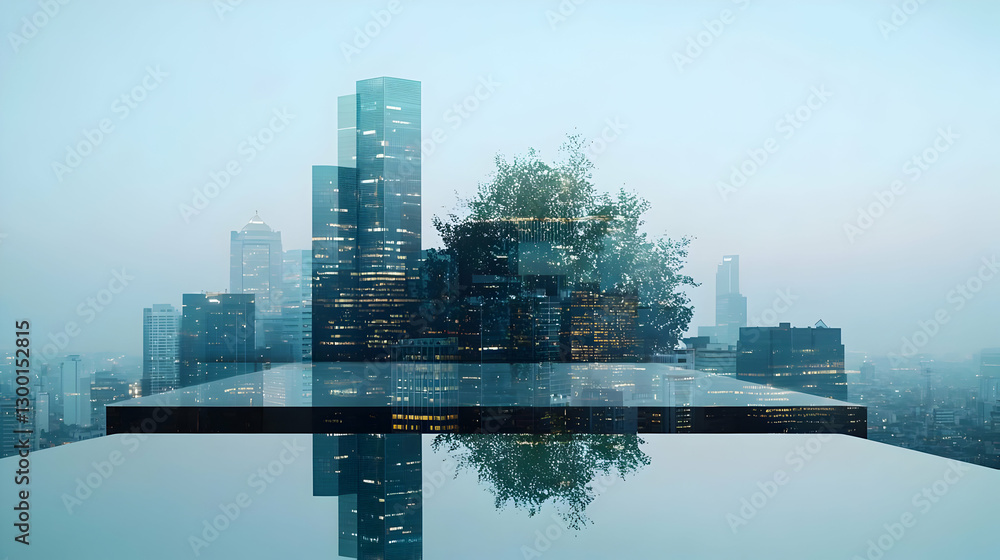 Aufkleber surreal floating cityscape with reflective surface in a foggy blue environment with pixelated design