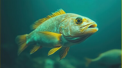 Naklejka premium Speckled Fish with Yellow Fins Swimming in Teal Water
